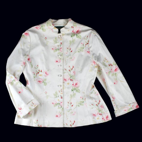 Ralph Lauren Floral Jacket Cabbage Rose Striped High Neck Multi-button - Picture 7 of 12